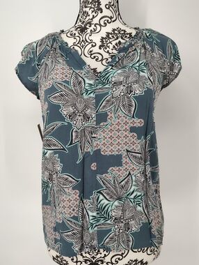 LOFT Teal Floral Cap-Sleeve Blouse with Mint and Blush Accents Women's XXSP